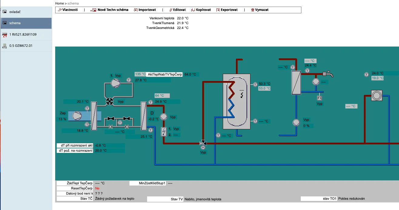 Hydraulické schéma: tepelné čerpadlo, akumulační nádrž, zásobník teplé vody a směšovaný okruh topení
